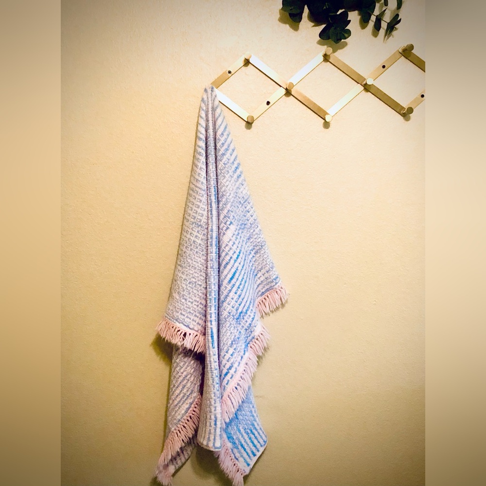 Vintage 1985 Handmade Knitted Pink, Blue, and White Baby Blanket